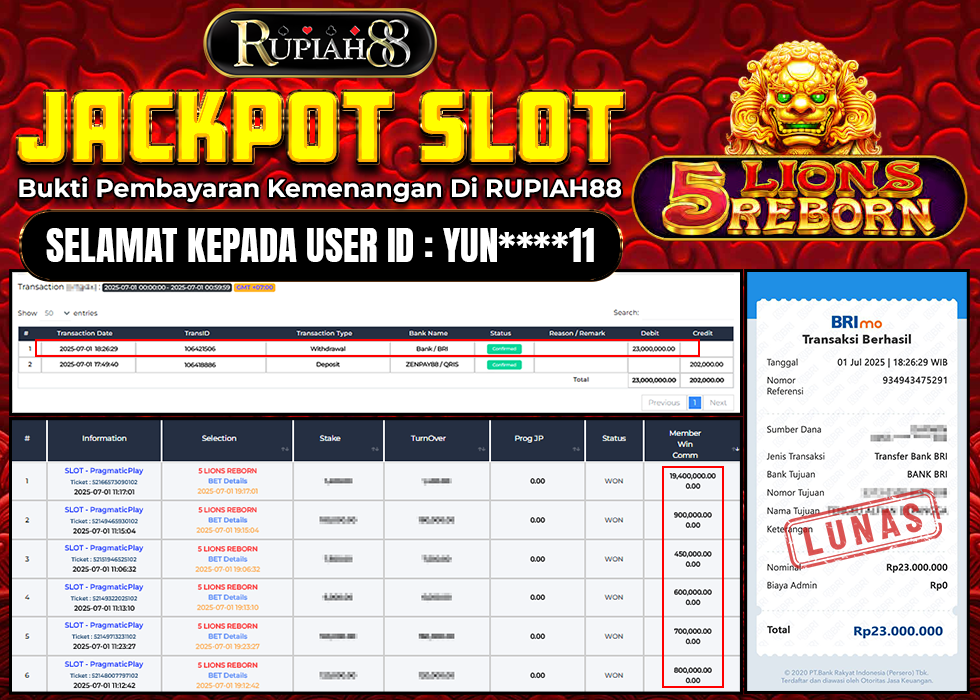 RUPIAH88 JACKPOT SLOT 5 LIONS REBORN Rp.23.000.000,- LUNAS