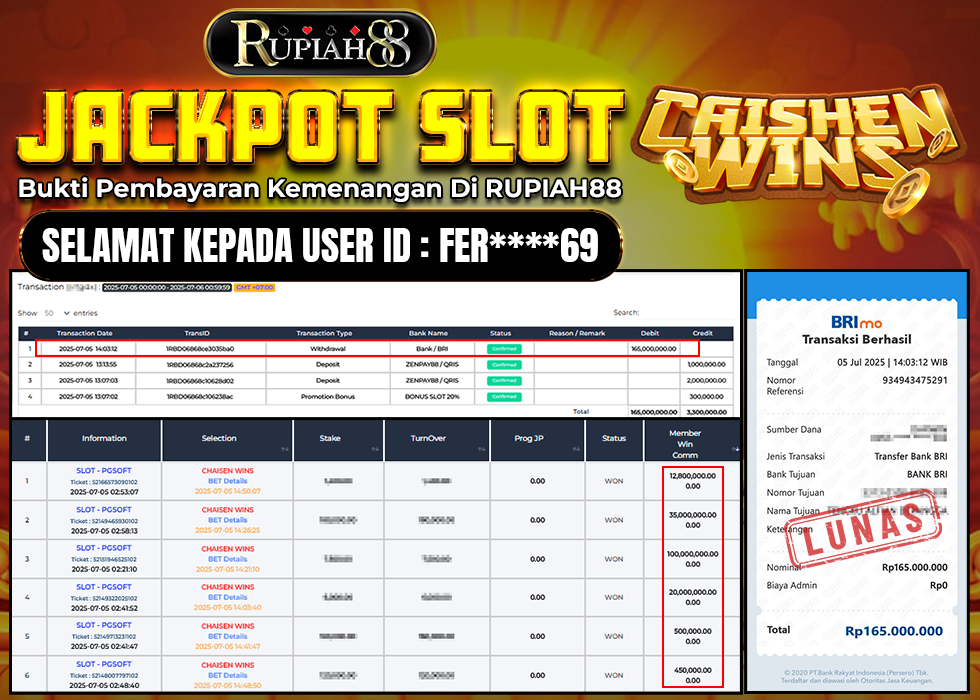 RUPIAH88 JACKPOT SLOT CAISHEN WINS Rp.165.000.000,- LUNAS