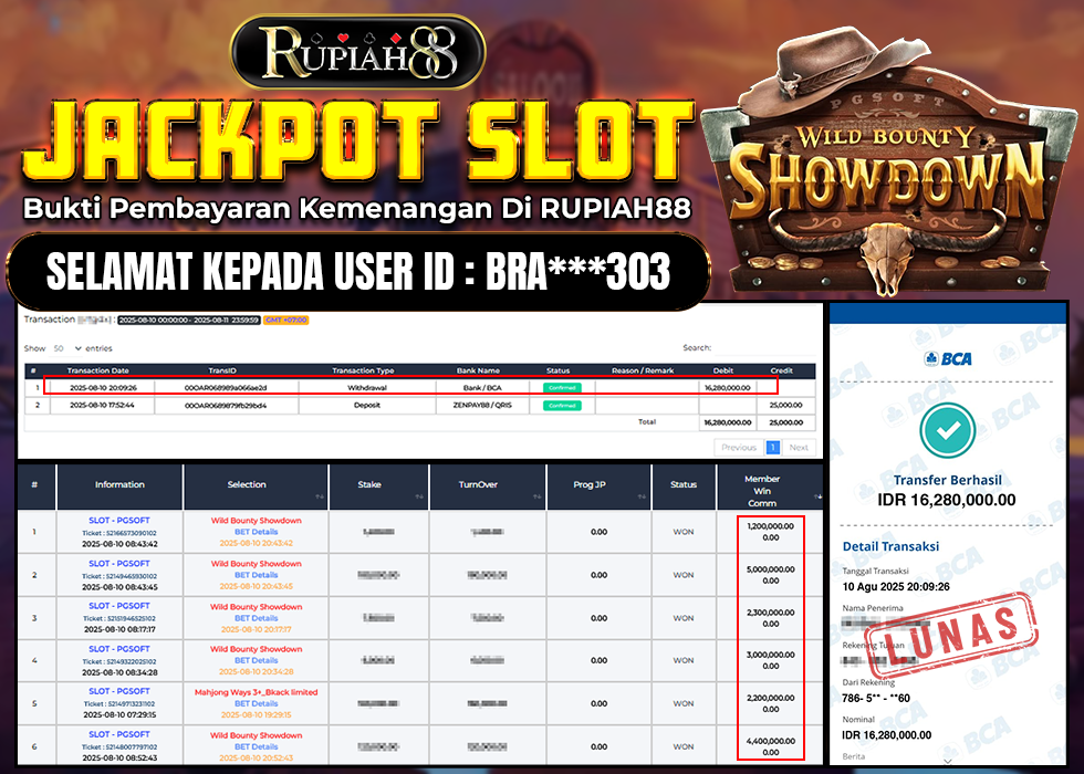 RUPIAH88 JACKPOT SLOT WILD BOUNTY SHOWDOWN Rp.16.280.000,- LUNAS
