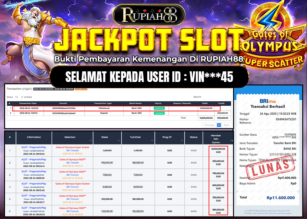 RUPIAH88 JACKPOT SLOT GATES OF OLYMPUS SUPER SCATTER Rp.11.600.000,- LUNAS